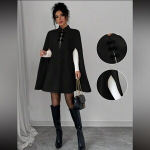 NEW - Chic Black Cape Coat‎ with Button Accents
